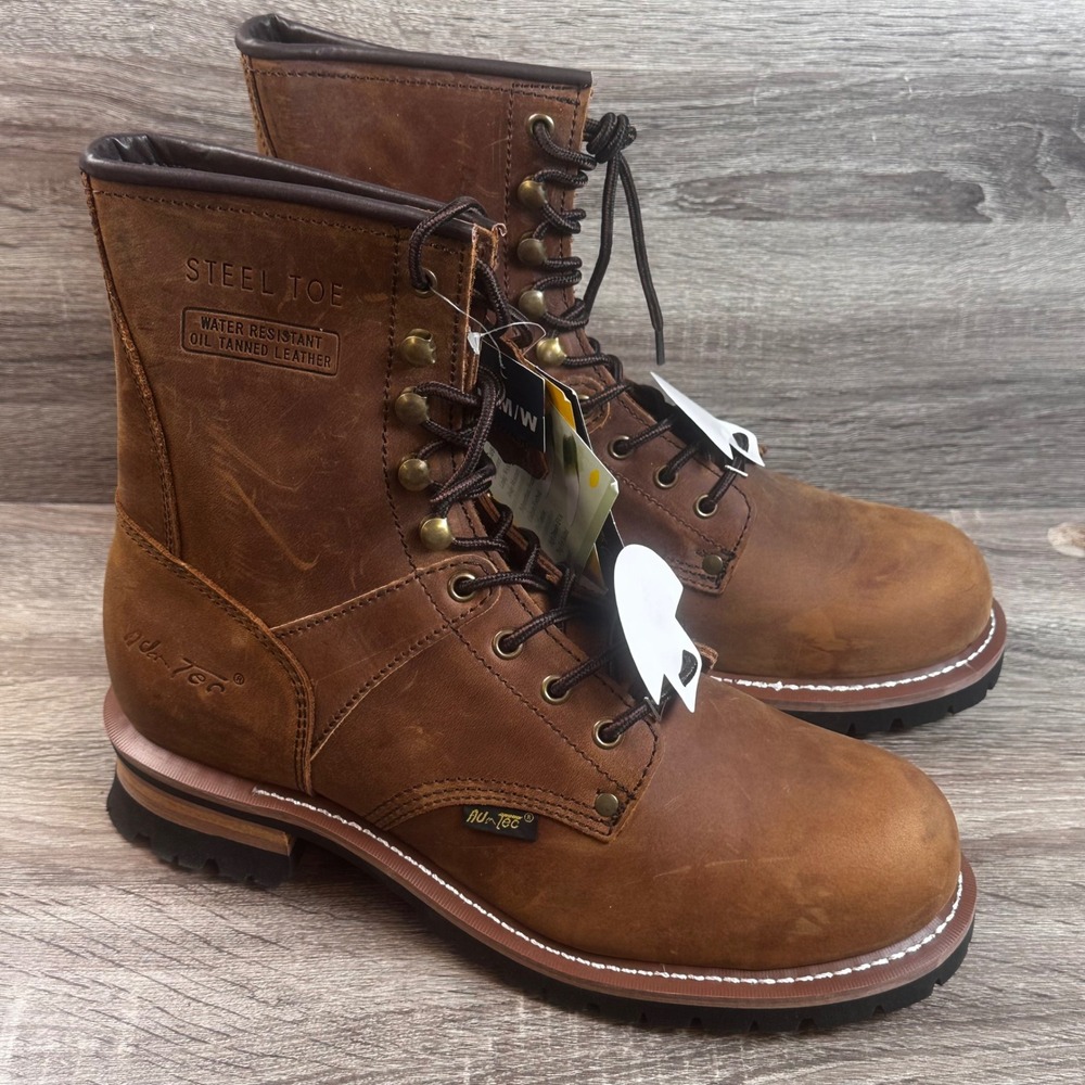 Ad Tec Logger Boots Mens 12 Steel Toe Waterproof Crazy Horse Leather Brown NEW